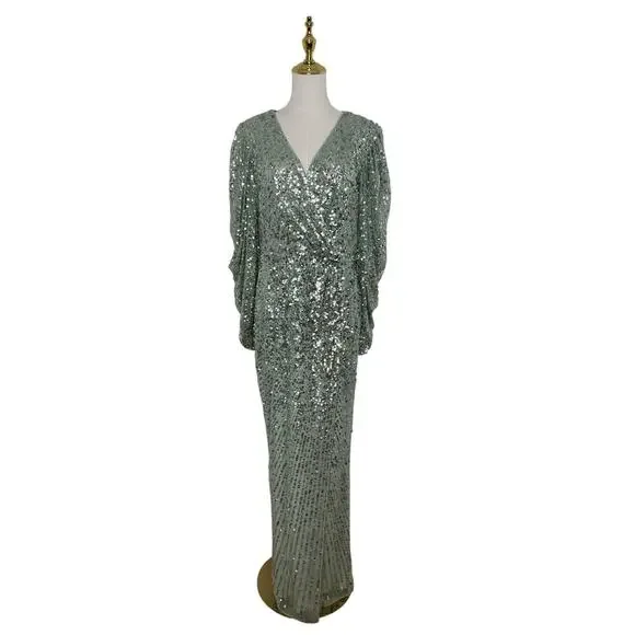 Mac Duggal 5638 Seafoam Green Sequins High Slit Bishop Sleeve Gown Size 12 $598 - Picture 2 of 6